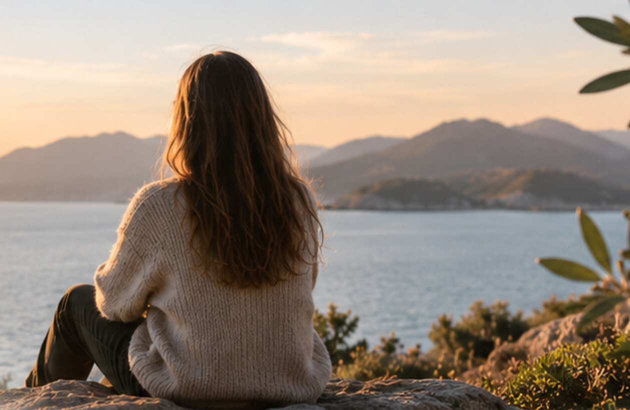 Person sitting beside the coast looking towards distant mountains